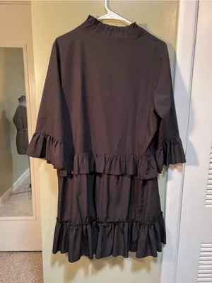 Women’s Size Large Mini Dress Black Ruffle V-Neck A-Line 3/4 Sleeve Collared LBD thumbnail 7