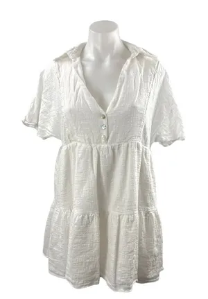 Molly Green White Collared Short Sleeve Tiered Mini Flare Shirt A-Line Dress M thumbnail 1