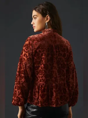 Anthropologie Rust Floral Velvet Tie-Neck Long Sleeve Peplum Blouse Size Medium thumbnail 9