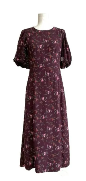Old Navy Dress Purple Plum Floral Short Puff Sleeve Dress Midi Maxi Medium NEW thumbnail 1