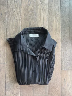Women’s Black Pleated Button-Front Sheer Blouse with Button Sleeves thumbnail 6