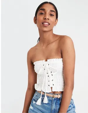 American Eagle Outfitters White Ruffle Tube Top with Lace Up Detailing thumbnail 2