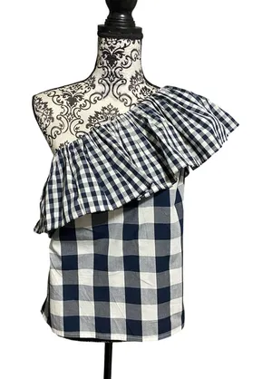 J. Crew Navy and White Gingham Ruffle One Shoulder Blouse Top Sz-4 NWT thumbnail 1