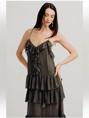 TORN BY RONNY KOBO Orcadia Tiered Ruffle Maxi Dress Dark Gray Size M NEW thumbnail 4