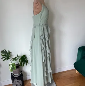 Azazie PEYTON Dusty Sage Green Flowy Ruched Chiffon Bridesmaid Dress Gown EUC A8 thumbnail 3