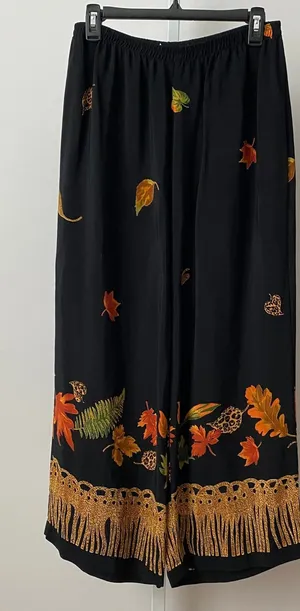 VTG‎ Boho Earth Colors Autumn Leaf Print Fringe Hem Wide Leg Pants L Black thumbnail 1