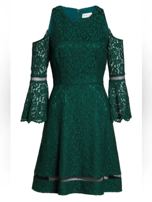 Eliza J Cold Shoulder Bell Sleeve Fit & Flare Lace Dress, Emerald Green, Size thumbnail 4