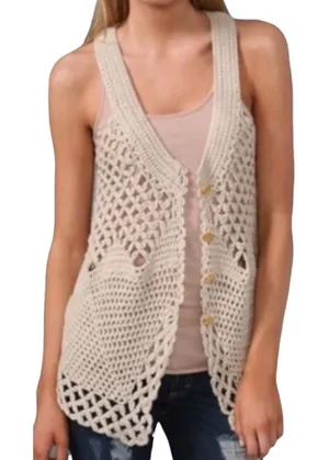 Free People open crochet knit boho buttoned vest thumbnail 1