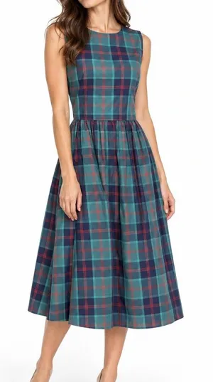 Women's Plaid Midi Dress Green Blue Size M Sleeveless Fit & Flare Tartan Preppy thumbnail 1