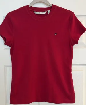 Tommy Hilfiger Sz LG Women's Y2K Tee 90s '05 Red Preppy Academia‎ Collegiate EUC thumbnail 1