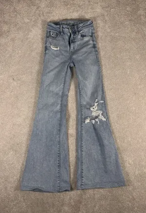 American Eagle‎ Jeans Womens 000 Short Light Wash Super Hi-Rise Flare Distressed thumbnail 1
