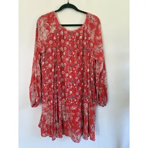 Free People Red Floral Paisley Tassel Tie Mini Dress Long Sleeve Pleated Rayon thumbnail 2