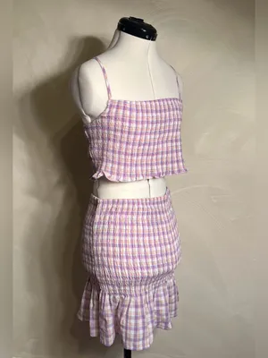 Timing Women’s Smocked Lilac Plaid/Gingham Babydoll Skirt & Top Matching Set|LRG thumbnail 3
