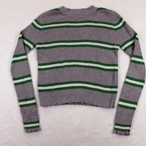 BP Gray Green Striped Ribbed Knit Sweater Womens Small‎ Crew Neck Lettuce Hem thumbnail 1