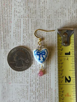 Handmade cottage fairy whimsy style heart ribbon dangle earrings🎀🩵 thumbnail 6