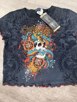 Affliction Black Cropped Graphic Tee with Multicolor Skull & Snake thumbnail 8