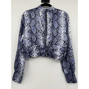 Topshop Python Snake Print Satin Crop Top Navy Mock Neck Long Sleeve Chic Blouse thumbnail 4