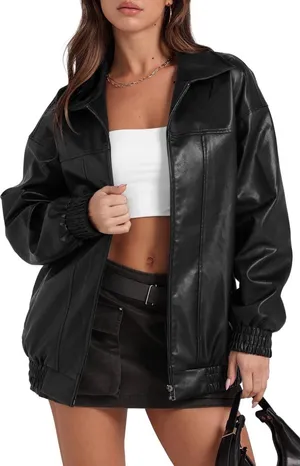 NWT Sampeel Faux Leather Oversized Bomber Jacket in Size Medium thumbnail 1
