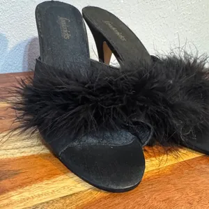 Vintage Y2K Frederick's of Hollywood Black Marabou Feather Satin Peep Toe Heel thumbnail 3