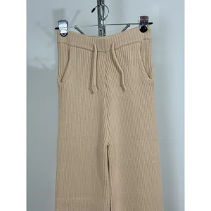 Athina Women’s Beige Pants 100% Viscose Ribbed Knit Wide Leg Drawstring Size S thumbnail 8
