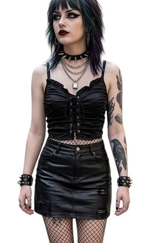 Cider Corset Top Women's Med Black Satin Lace Up Ruffle Cropped Cami Goth Punk thumbnail 1