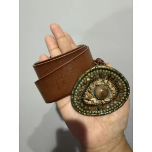 Vintage Congac Full Grain Leather Belt Stone Jewel Buckle Boho Hobo Western Y2K thumbnail 5