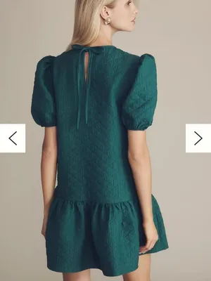 Anthropologie Maeve Green Drop Waist Jacquard Quilted Puff Sleeve Mini Dress Oversize Size M thumbnail 15