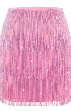 MANER Fringe Skirt Stretchy Sparkly Tassel Mini Skirt Pink Pony Club Swiftie thumbnail 1