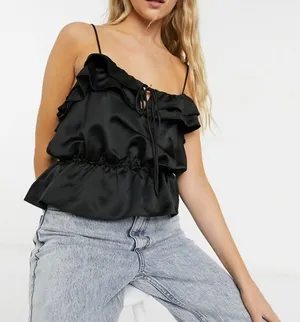 Topshop‎ Ruffle Detail Black Cami Blouse Size 6 thumbnail 1