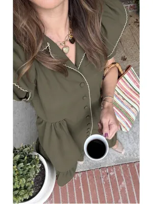 Tuckernuck Olive Green Alice Button Front Midi Dress Collar V Neck Scallop S thumbnail 2
