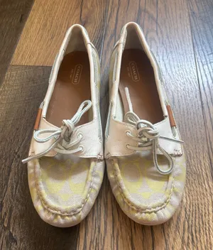 Coach Richelle Women's Yellow and Cream Signature Logo Canvas Boat Shoe Sz 9 thumbnail 1