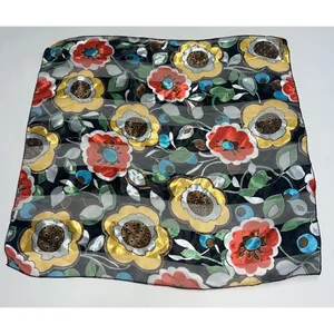 Vintage Space Age Scarf Black Floral Flower Print 20" Square Polyester Womens thumbnail 1