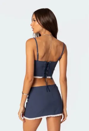 Edikted Top Corset and skirt set navy and white thumbnail 2
