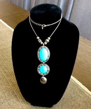 70s inspired Fashion long necklace w faux turquoise stones thumbnail 1