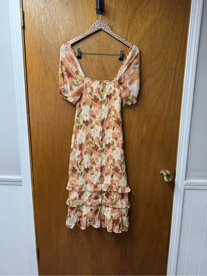 Abercrombie & Fitch Smocked Short Sleeve Floral Ruffle Midi Dress Orange Small thumbnail 12