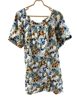 Emory Park smocked neckline flowy mini babydoll Dress S floral open back tie thumbnail 1