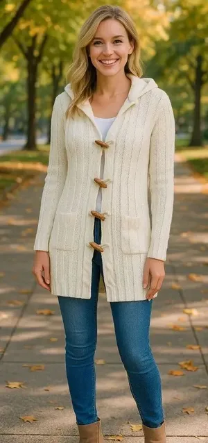 Fancy Design White Knit Hooded Sweater Jacket Toggle Buttons Size S/M NWOT thumbnail 1