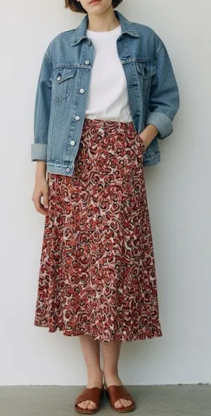 Jones New York White Tan Red midi skirt 90s Boho Coastal Cowgirl Professional thumbnail 1
