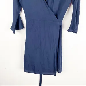 LULUS Navy Long Bell Sleeves True Wrap Lined Dress Size Small Casual Neutral thumbnail 6