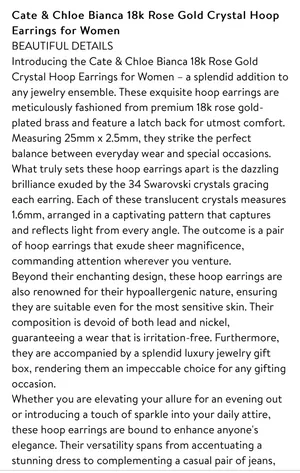 Cate & Chloe Bianca 18k Rose Gold Plated Crystal Silver Hoop Earrings thumbnail 8