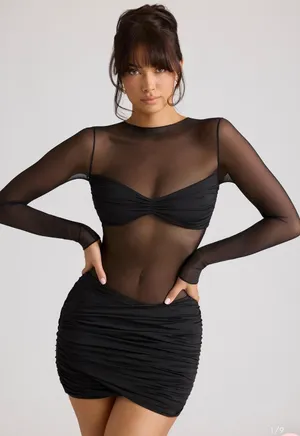 Oh Polly Essie Sheer Panelled Long Sleeve Mni Black Dress Size 0 New thumbnail 1