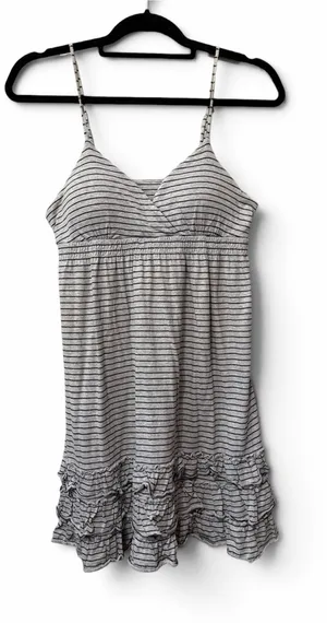 Pink Rose Striped Ruffle Mini Dress in Gray and Black Size M thumbnail 1