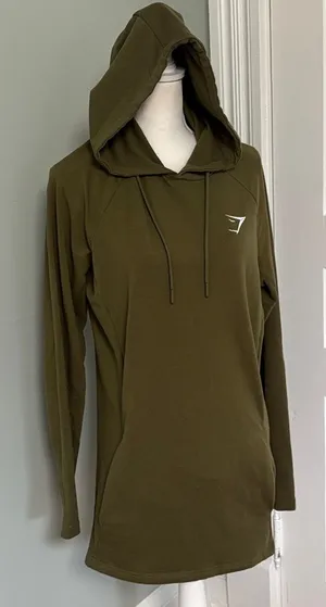 Gymshark Olive Green Hoodie Long Length‎ Stretch Size Small thumbnail 1