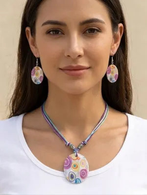 Natural Shell Necklace &‎ Earrings 3pcs Set Colorful Printed thumbnail 1