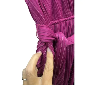 Vintage‎ Women's Plunging V Neck Wrap Midi Dress Metallic Belted Pleated Pink S thumbnail 6