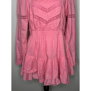 LoveShackFancy Sanaya Dress XL Vivid Pink‎ Long Sleeve Ruffle Tiered Lace Trim thumbnail 8