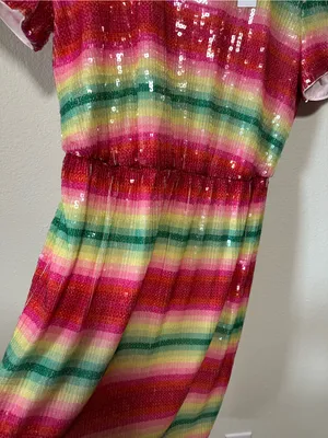 💗🆕J. Crew Watermelon Sequin Pink Multi-Stripe Midi Short Sleeve Dress✨NWT✨ thumbnail 7