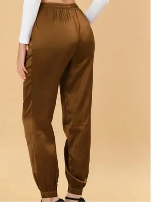 Allegra K Coffee Brown Drawstring Elastic Waist Tassel Satin Jogger Pants Sz XS thumbnail 3