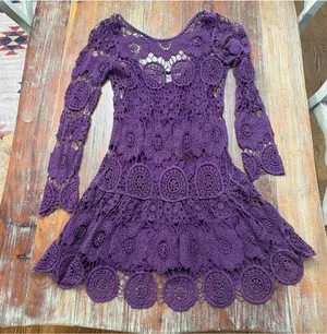 Free People Purple Crochet Lace Mini Dress Double Tie Back Tassel Bell Sleeve Sm thumbnail 1