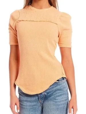 Free People Red Delicious Peach Waffle Knit Smocked Thermal Top‎ Women's Medium thumbnail 1